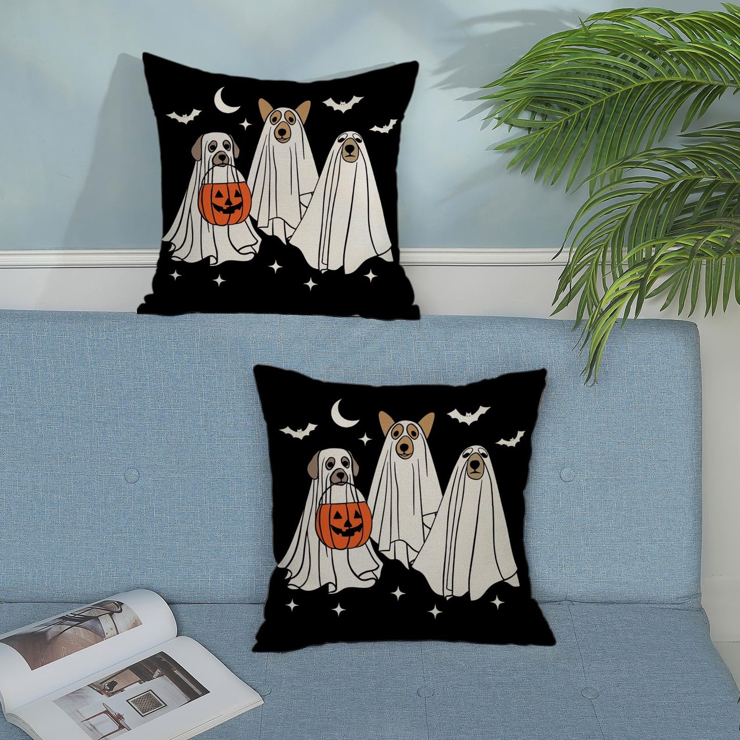 JEFERSO Halloween Pillow Covers 18x18 Inch Set of 2 Black White Dog Ghost Throw Pillows Fall Halloween Home Decorations Pillow Cases Autumn Holiday Linen Outdoor Decor Cushion Case for Couch Sofa