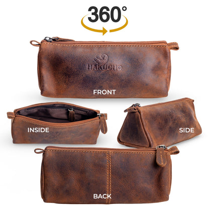 HAKUCHO Leather Pencil Case - Full Grain Leather handmade Durable & Stylish, Ykk Zippered Pen Pouch - Stationery Bag Pen Holder for collage, Work & Office