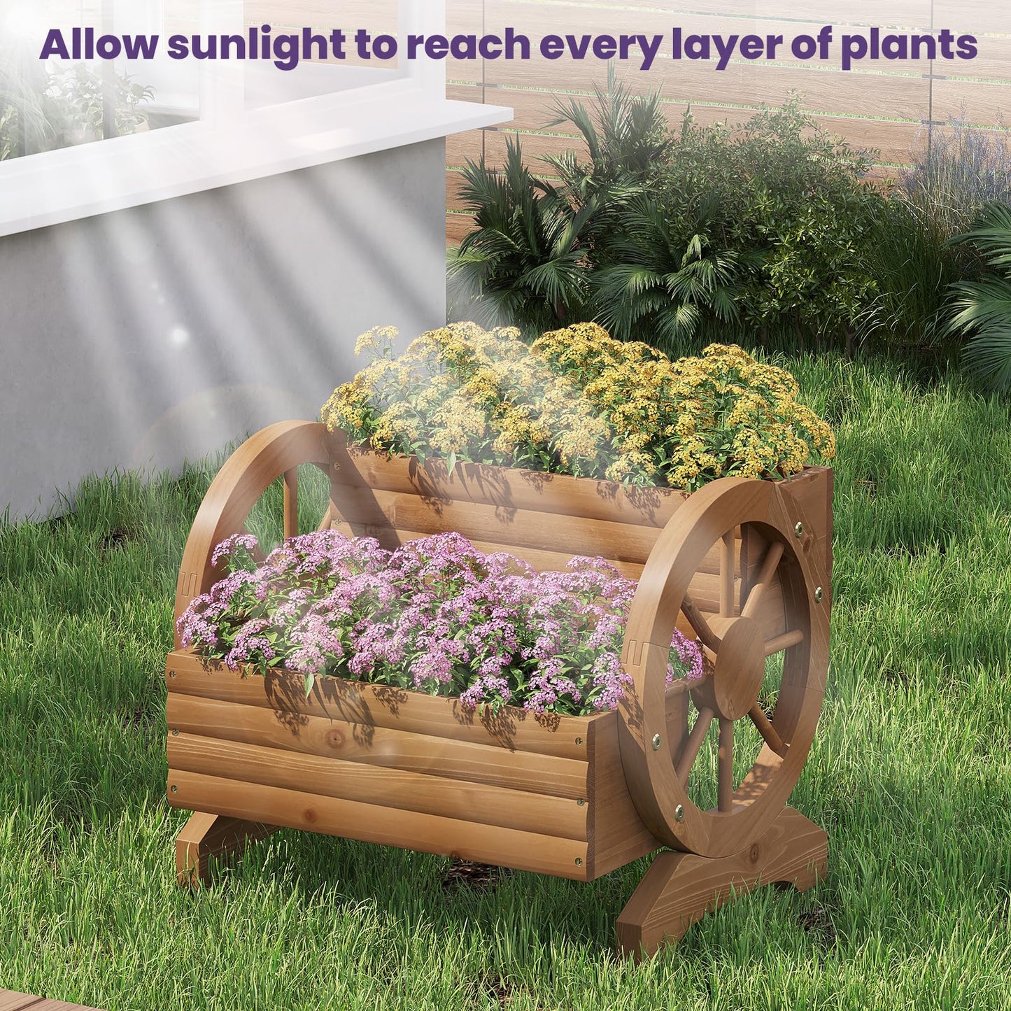 Wieghda Wooden Wagon Planter Box, Standing Garden Planter, Decorative Outdoor Container,Coffee