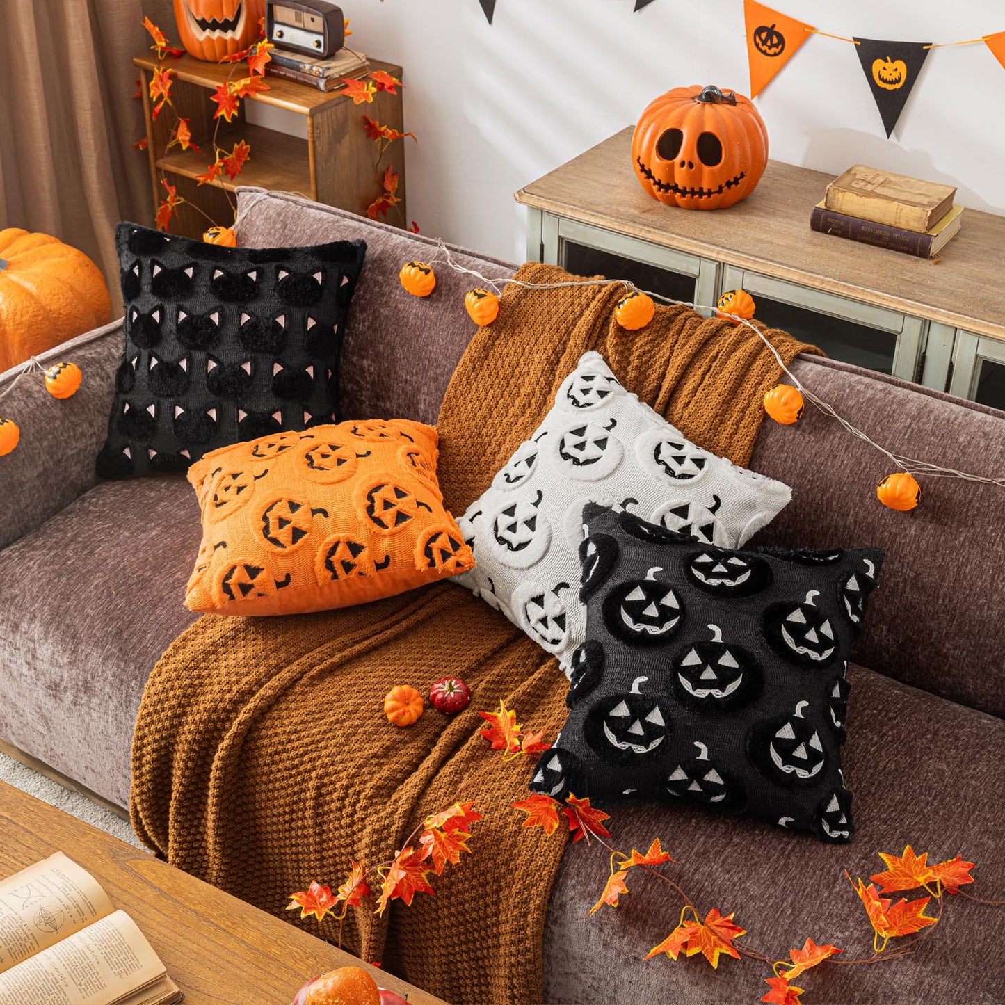 COSIBONO Halloween Black Cat Throw Pillow Covers 20x20 Inch Set of 2, Spooky Ghost Faux Fur Cushion Covers for Fall Decor, Soft Decorative Farmhouse Pillowcases for Sofa Bench Living Room (Pink)