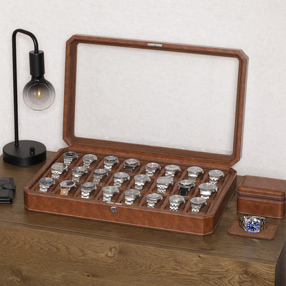 ROTHWELL 24 Slot Watch Case with Lock – Luxury Watch Box to Display and Organize Your Collection | Real Glass Top | Premium Storage for Collectors (Tan/Brown)