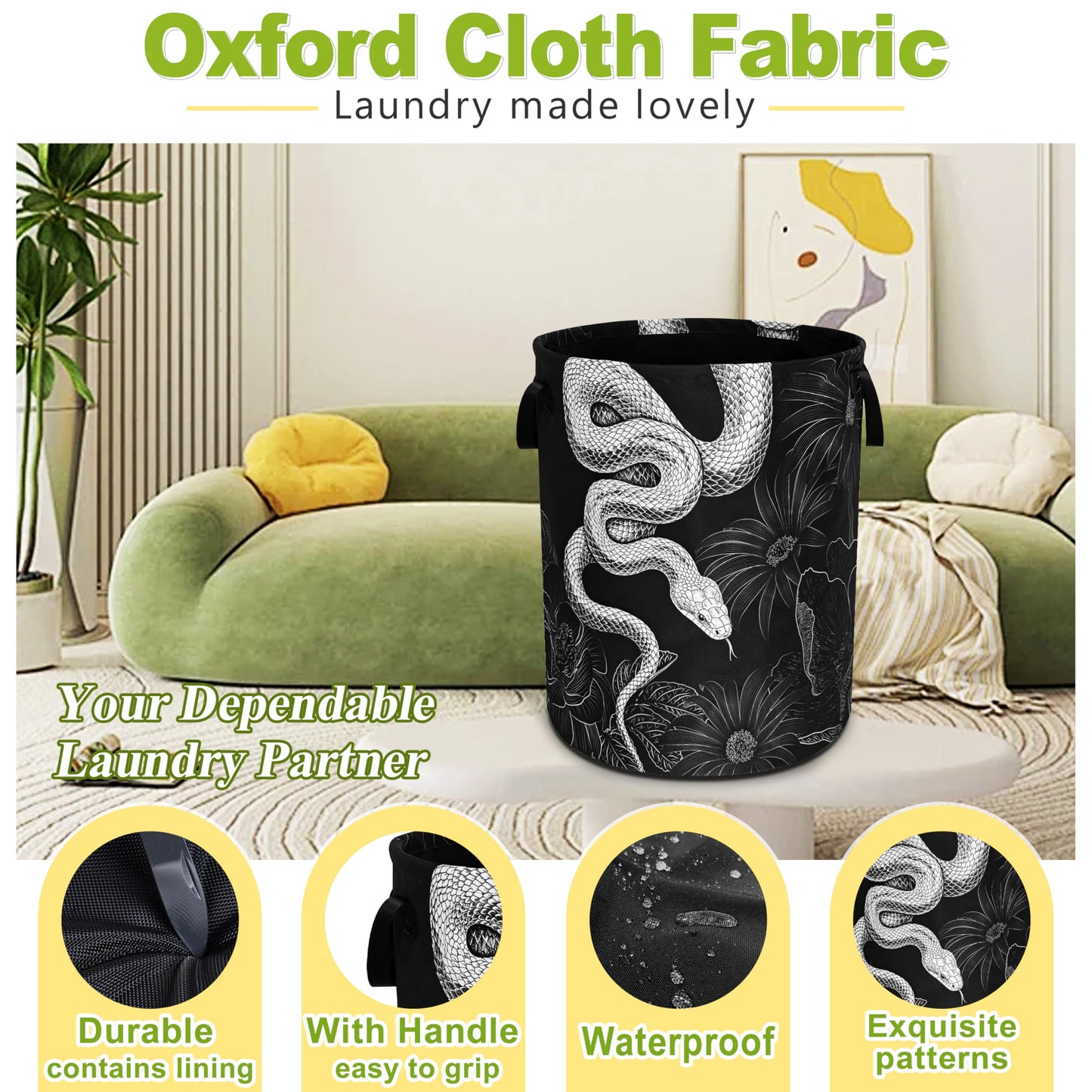 Snake Laundry Basket Floral Prints Funny Foldable Waterproof Oxford Cloth Tote Bag Laundry Hamper Round Large Clothes Storage Bucket Organizer For Bathroom/Laundry Storage/Bedroom 18.9x16.5 Inch