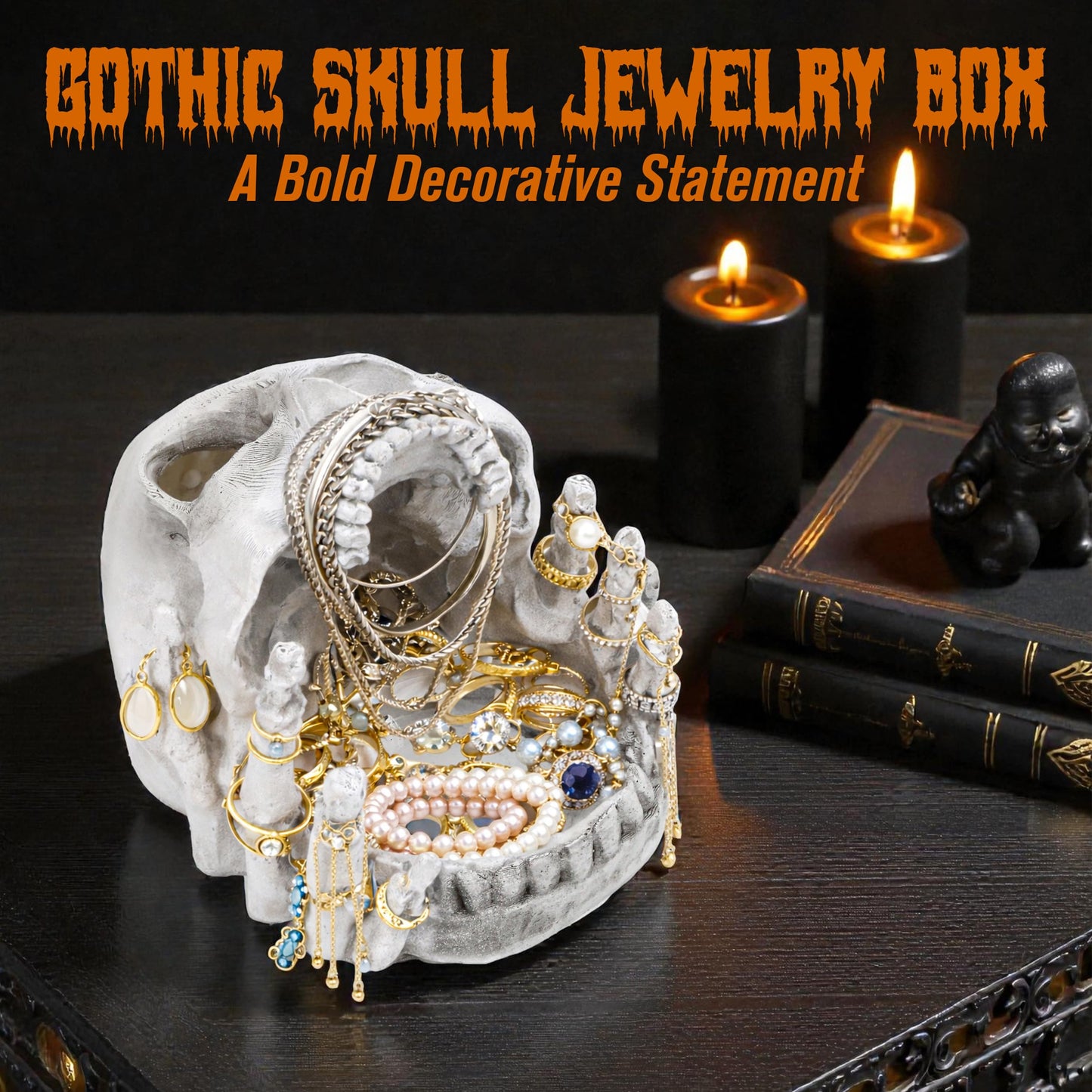 Resin Skull Shaped Jewelry Holder for Ring & Charm, Gothic Skull Decorative Storage for Earring Trinket, White Dark Aesthetic Halloween Decor, Shelf Display Gift for Bedroom, Living Room Home Office