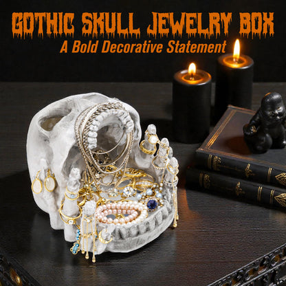 Resin Skull Shaped Jewelry Holder for Ring & Charm, Gothic Skull Decorative Storage for Earring Trinket, White Dark Aesthetic Halloween Decor, Shelf Display Gift for Bedroom, Living Room Home Office