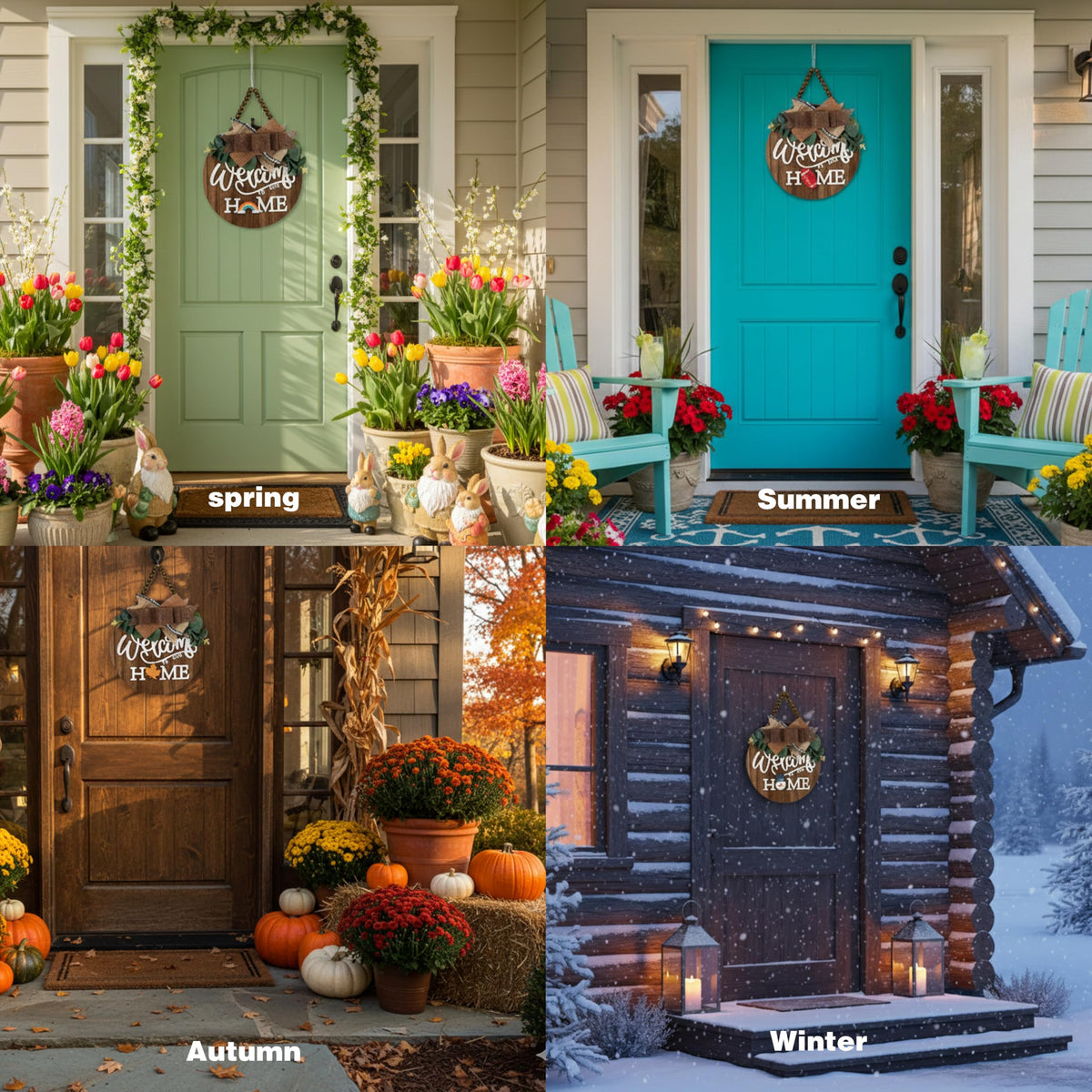 CondorPasea Interchangeable Welcome Door Sign with 16 Different Replaceable Patterns - 12" Round 3D Rustic Wooden Front Porch Decor, Artificial Leaves & Rustic Beads, Farmhouse/Classroom All Seasons Holiday (Christmas Halloween) Welcome Home Hanging Sign