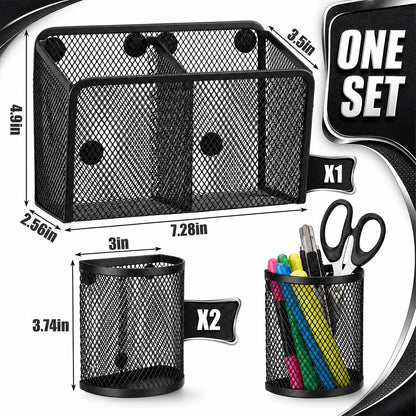 Marspark 3 Pcs Magnetic Pen Holder Set Metal Pencil Holder with Strong Magnets Wire Mesh Storage Basket Organizer for Locker Accessories Whiteboard Refrigerator School Office Dorm (Black)
