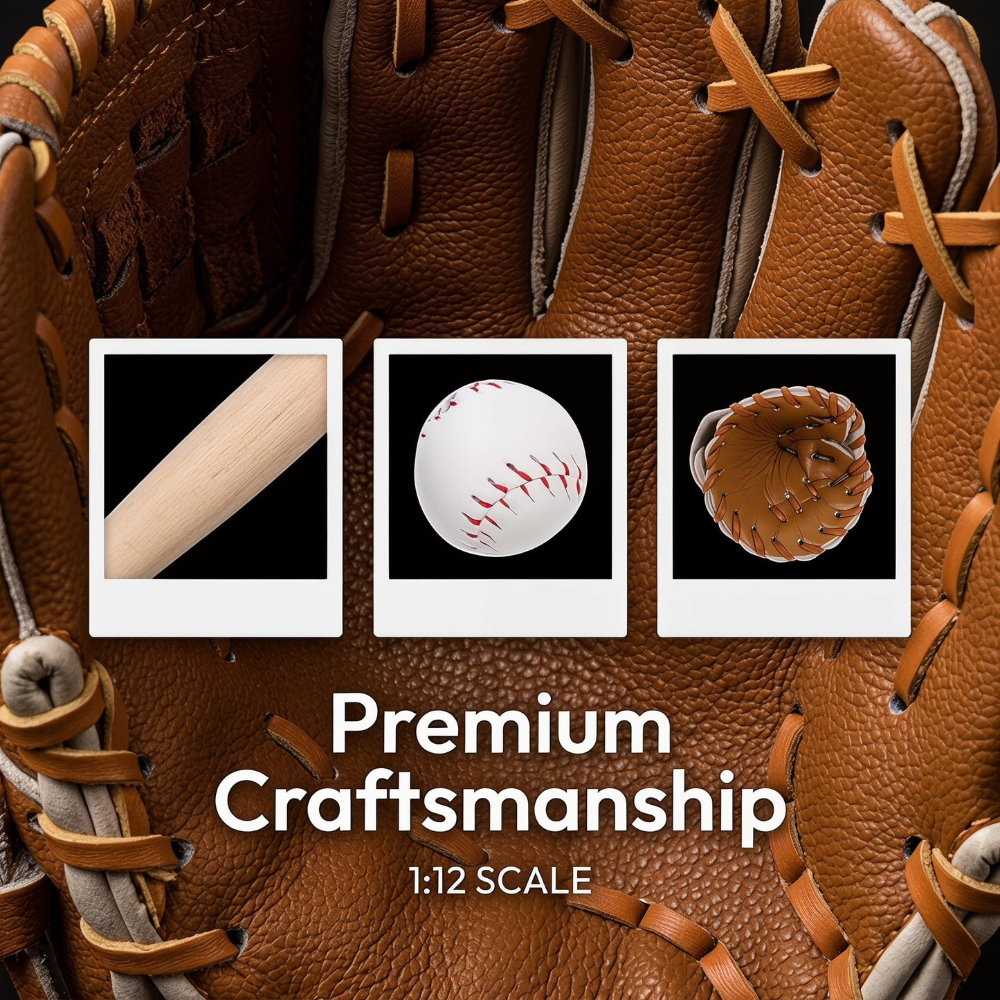Toyvian Miniature Baseball Bat: Baseball Cake Topper, Light Brown Mini Dollhouse Glove and Ball Set Decorations - Wooden & Leather Cake Topper for Kids Mini House Party Favors(2.95X0.39X0.39in)