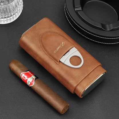 wanbro Cigar Case, 3pcs Holder, Cigars Travel Case, Cedar Lined, Leather Made Cigar Humidor with Stainless Cutter, Christmas gift for men dad