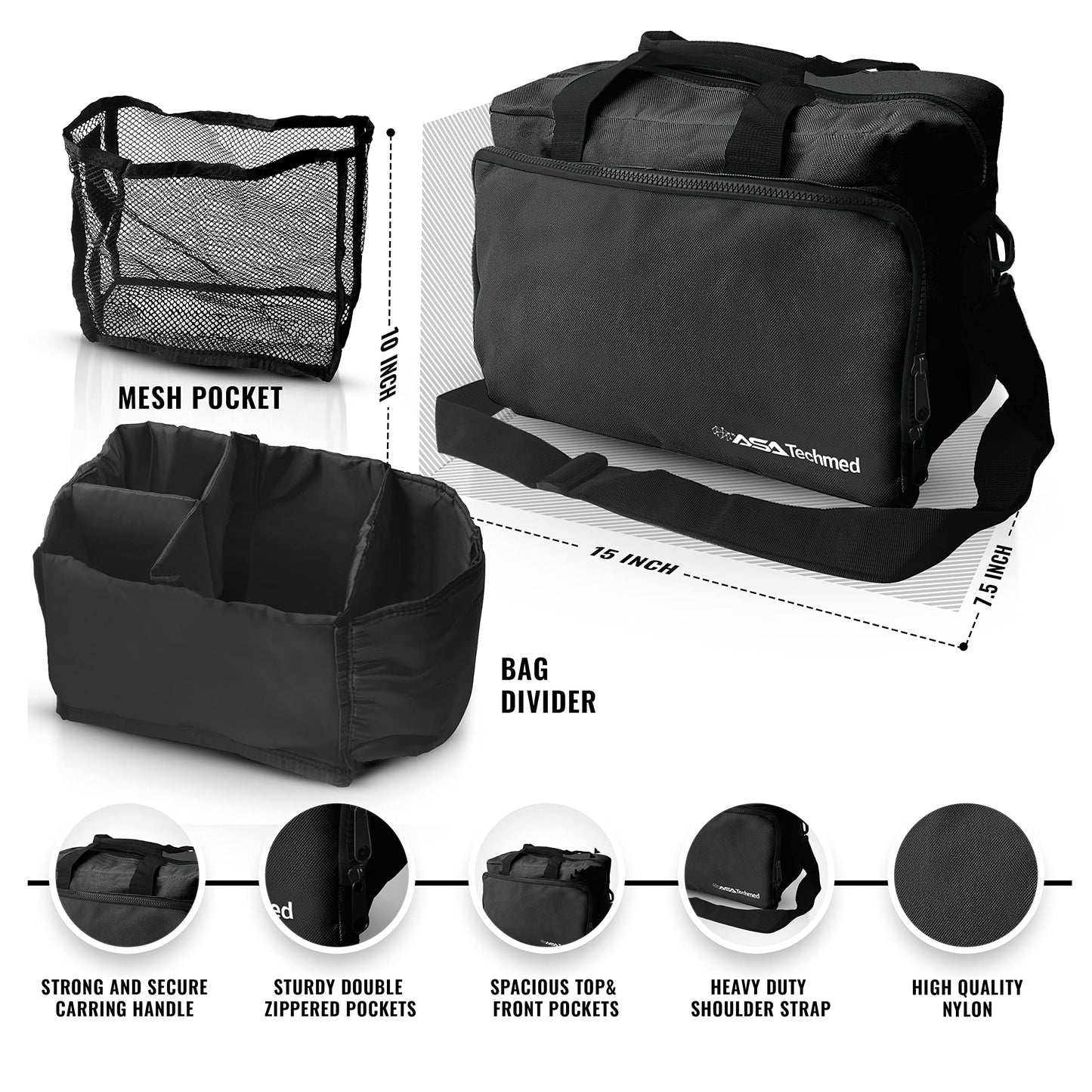ASA TECHMED Physical Therapy Home Health Aide Comprehensive Kit - Carrying Bag, Blood Pressure Cuff, Stethoscope, Gait Belt - Black
