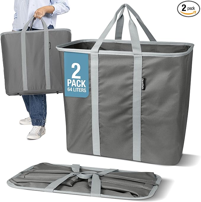 CleverMade Collapsible Laundry Caddy – Foldable Laundry Hamper & Tote, XXL 64L Pop-Up Laundry Basket with Handles, Space-Saving Laundry Organizer for Home & Travel, 2 Pack - Charcoal Gray