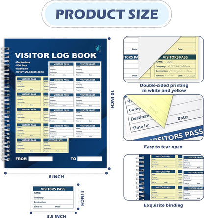 1 Pack of 500 Visitor Badges Registry Log with Carbonless Copy 2-Part Letter Size Visitor Log Book Spiral-Bound Self Visitor Badges Guest Register Book for Business or School (1)