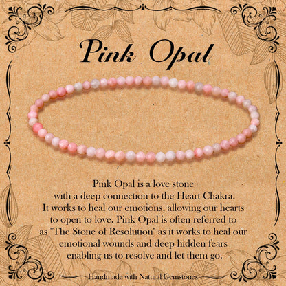BONNY BOXX Natural Genuine Gemstone Faceted Round Beads Bracelets, 3mm Adjustable Stretchy Tiny Faceted Pink Opal Bracelet, Healing Crystal Reiki Chakra Dainty Jewelry Fashion Gifts