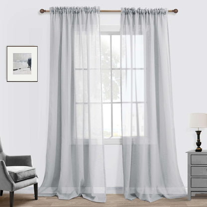 koufall Gray Linen Look Curtains 96 ines Long Set of 2 Rod Pocket Elegant Woven Textured Voile Sheer Drapes for Bedroom Living Room Patio Sliding Door Home Office Backdrop 52x96 in Length Silver Grey
