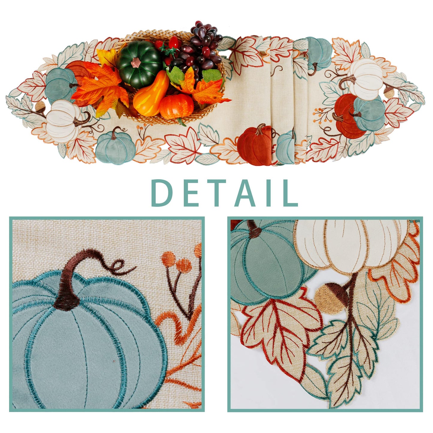 OWENIE Thanksgiving Table Runner, Fall Pumpkins Table Decor, Embroidered Harvest Pumpkin Farmhouse Placemat for Dining Table, Fall Decor for Home, Halloween Table Decorations