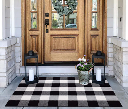 Buffalo Plaid Outdoor Rug 27.5''x 43.3''Black and White Checkered Rug Cotton Machine Washable Farmhouse Mat for Outdoor, Kitchen, Farmhouse, Entryway,Bathroom