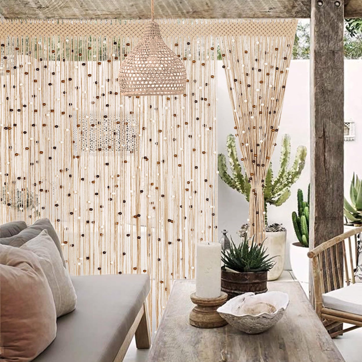 BECHAEO Macrame Beaded Curtain Boho Handmade Cotton Door String Curtain for Doorway Window Wooden Beads Hanging Hippie Room Divider Closet Bedroom Privacy Decor, 1 Panel 79" x 35"