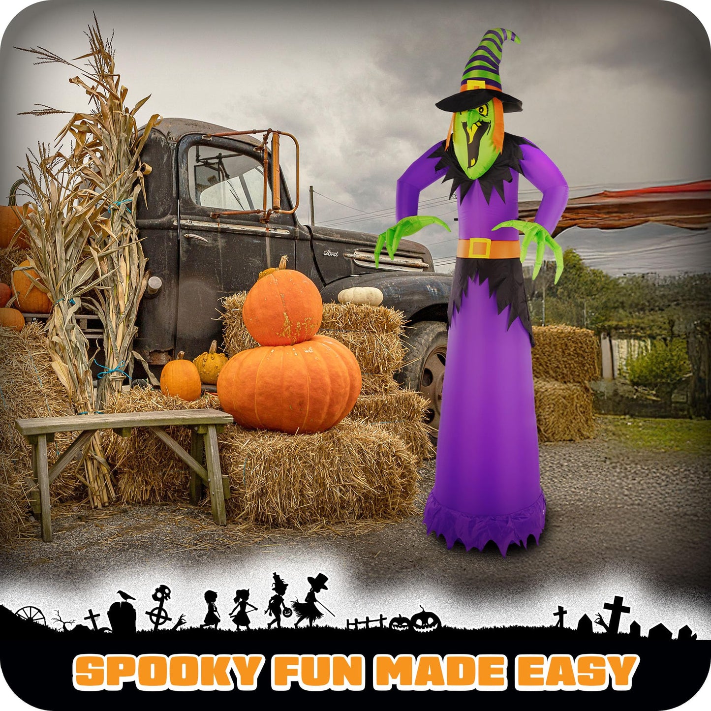 G128 10 ft Witch Halloween Inflatable Decor with LED Lights, Halloween Outdoor Holiday Yard Decoration, Fast Inflate, Weather-Resistant, Outdoor Use