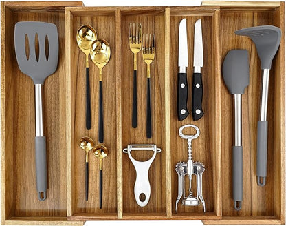 EcoFives Luxury Acacia Silverware Organizer -Kitchen Drawer Organizer - Utensil Holder and Cutlery Organizer with Grooved Drawer Dividers for Flatware and Kitchen Utensils (5 Slot)