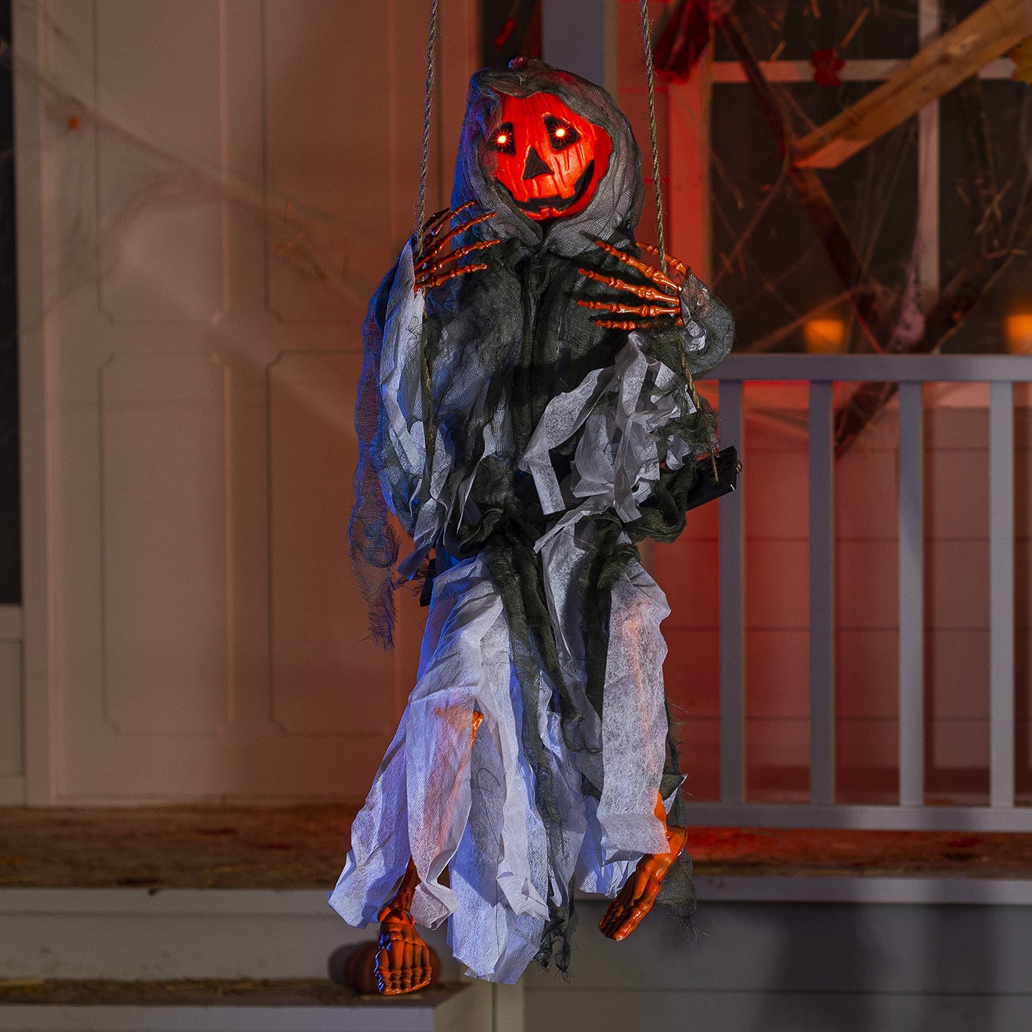 JOYIN 2 Pcs Halloween Hanging Swinging Ghosts Decorations Outdoor, Witch and Pumpkin Face with Lighted Up Eyes, Outside for Yard Patio Lawn Garden Party