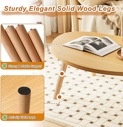 Coffee Table Low Table with Solid Wood Legs, 31.5x19.7 Large Coffee Table Side Table, Floor Table Desk for Sitting on The Floor, Living Room Furniture for Office Apartment Home, Pebble-Natural