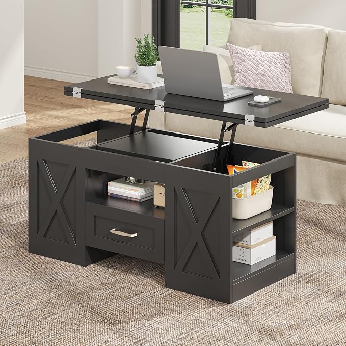 kepptory 39.4'' Lift Top Coffee Table with Storage, 4 in 1 Multi-Function Convertible Coffee Tables for Living Room, Farmhouse Coffee Table with Open Storage Compartment & Drawers (Black)
