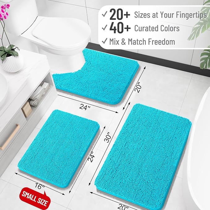 OLANLY Bathroom Runner Rugs 59x24, Soft Absorbent Chenille Bath Rugs, Rubber Backing Quick Dry, Machine Washable Long Bath Mats for Bathroom Floor, Tub and Shower, Home Decor Accessories, Aqua Sky