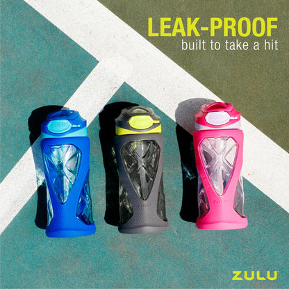 ZULU Torque 16oz Plastic Kids Water Bottle with Silicone Sleeve and Leak-Proof Locking Flip Lid, Soft Touch Carry Loop for School Backpack, Lunchbox, BPA-Free Dishwasher Safe, Mojo Blue