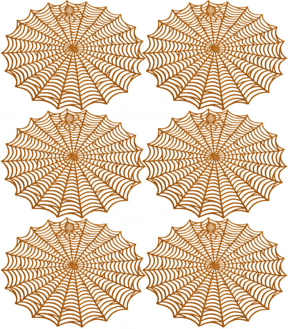 Sfcddtlg 6 Pcs Halloween Spider Web Placemats- 15"" Heat Insulation Halloween Placemats Spider Web Table Mats- Hollow Out Spiderweb Coasters Placemat for Dining Table Halloween Decoration (Brown)