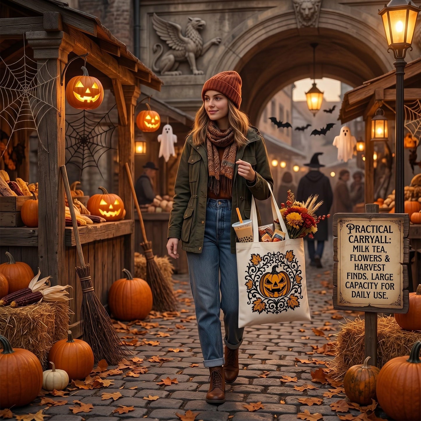 2 Pack Vintage Fall Halloween Canvas Tote Bags,Retro Gothic Ghost Witch Pumpkin Bat&Autumn Maple Leaf,Reusable Carryall Bags for Trick-or-Treat,Fall Harvest&Thanksgiving Gifting (Bat&Pumpkin)