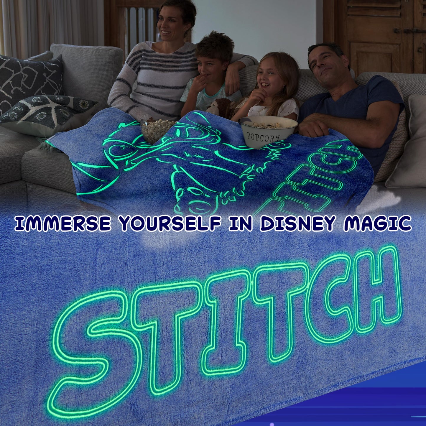 Disney Stitch Glow in the Dark Throw Blanket 51x59”, Soft Fleece Throw Blanket for Sofa Bed, Cozy Warm, Gifts for Kids, Teens, Adults (Blue Stitch)