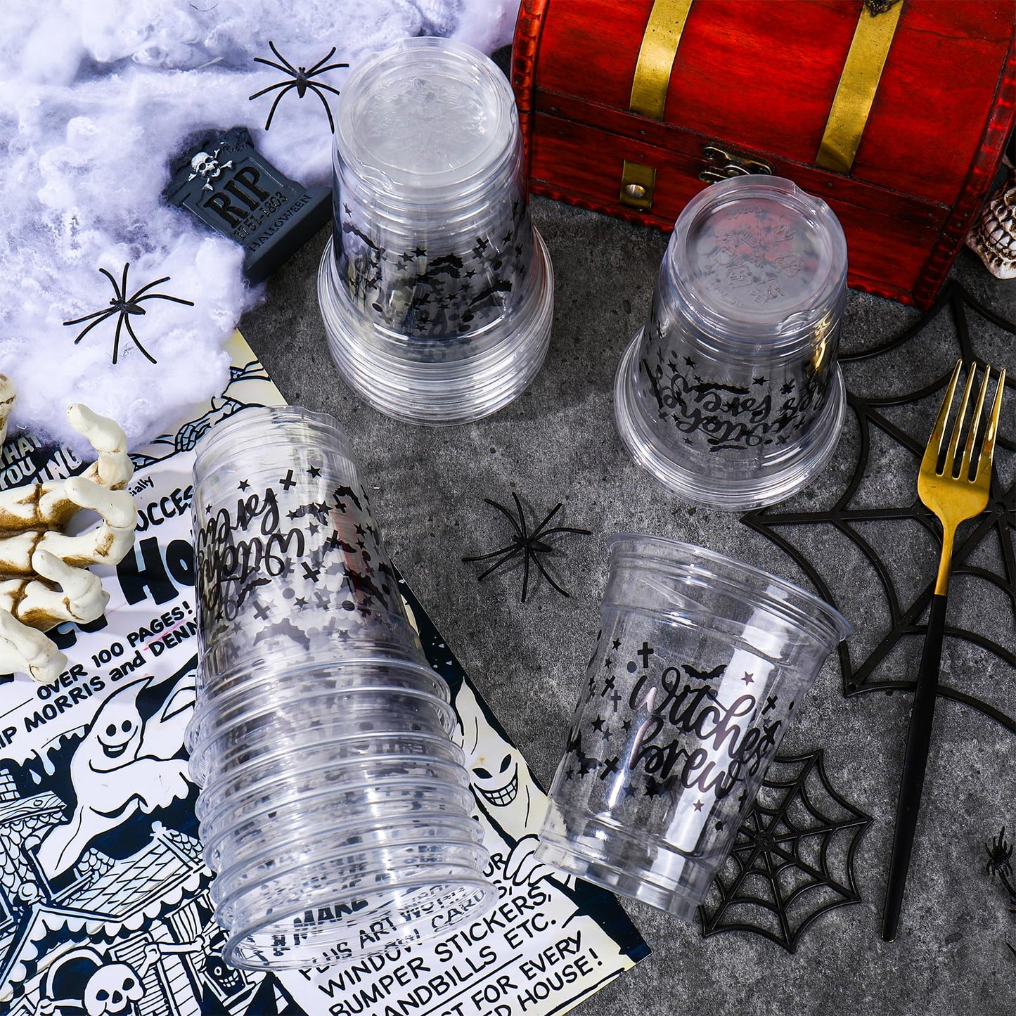 Whaline 50 Pcs 12 Oz Halloween Disposable Cup Witches Brew Plastic Party Cup Bat Clear Glasses for Coffee Juice Drink Party Supplies