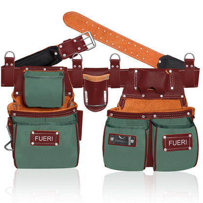 FUERI Electrician's Heavy Duty Tool Belt for Men, Made of Thick Leather and Durable Nylon, Comes with Adjustable Padded Tool Belt, Storage Capacity Tool Pouches, Hammer Holder, And Suspender Loops.