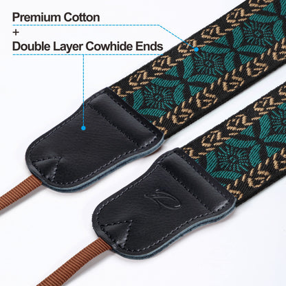 Padwa Lifestyle Mystic Green Embroidered Camera Strap - Double Layer Cowhide Ends,2" Cotton Vintage Camera Straps, Adjustable Neck & Shoulder Strap for All DSLR Cameras,Great Gift for Photographers