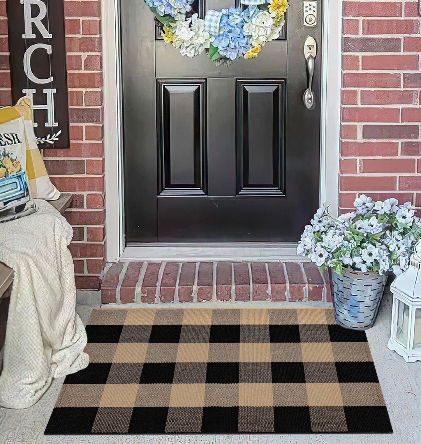 Checkered Front Door Mat Outdoor 24''x35''Buffalo Plaid Outdoor Rug Cotton Washable Layered Doormat for Bedroom,Bathroom,Farmhouse,Entryway,Home Entrance