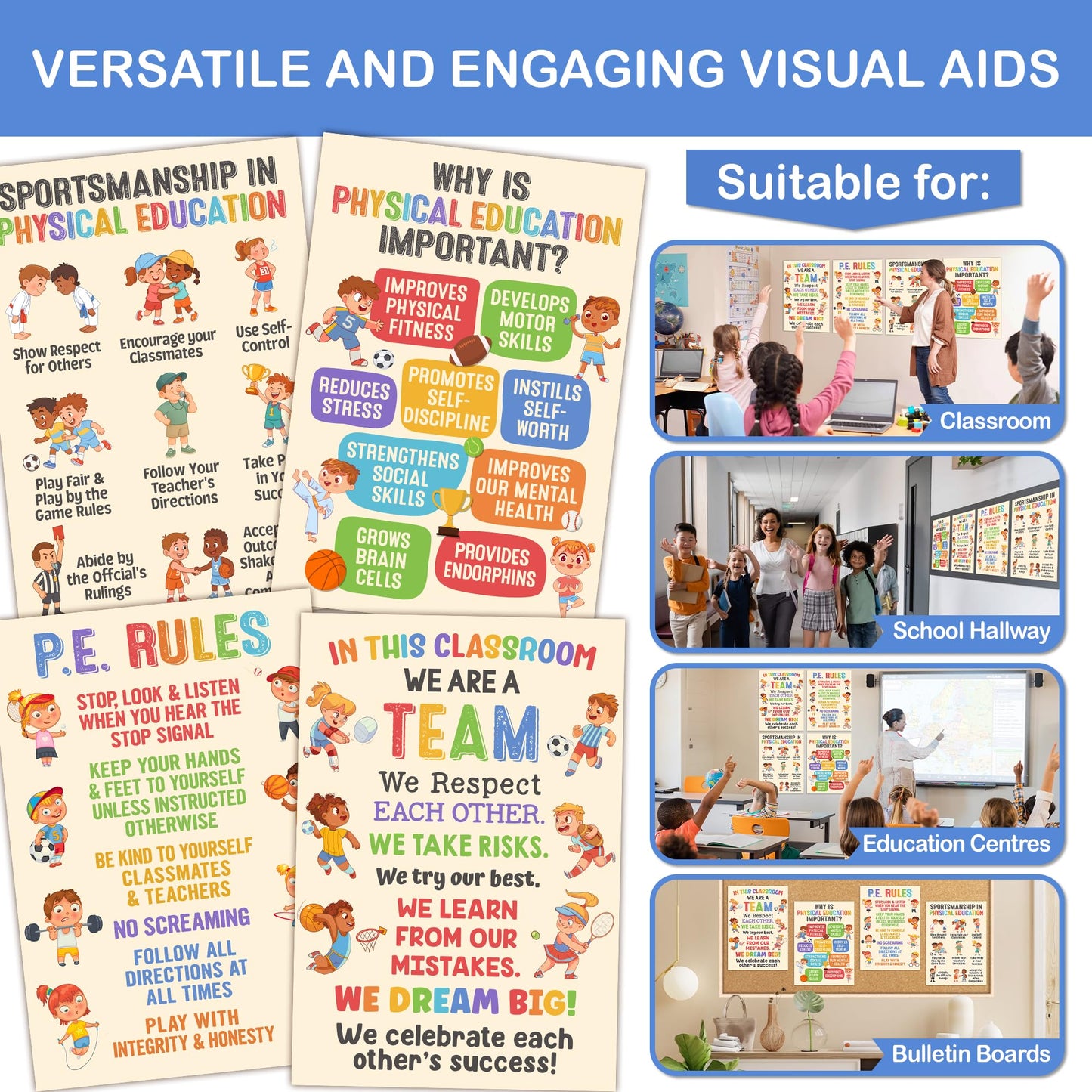 Lalunia 4 Pcs Classroom Exercise Posters (11x16) - Physical Education Class Rules Poster Decoration, Welcome to P.E Wall Art, Kids Workout Activity, Sports Education Supplies for PE Teachers