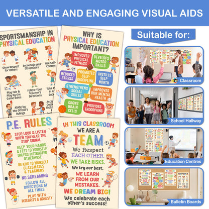 Lalunia 4 Pcs Classroom Exercise Posters (11x16) - Physical Education Class Rules Poster Decoration, Welcome to P.E Wall Art, Kids Workout Activity, Sports Education Supplies for PE Teachers