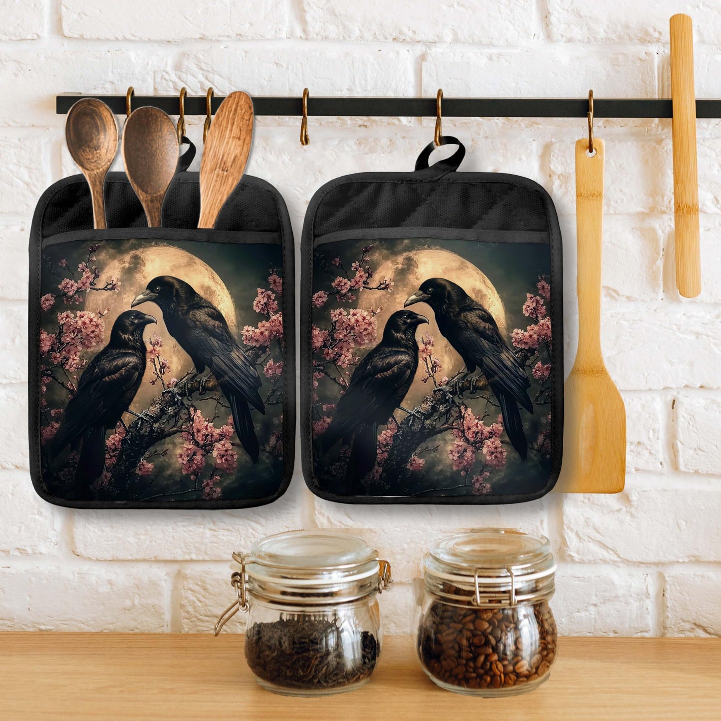 GOOZHO Moody Moonlit Gothic Raven Pot Holders with Pockets, Dark Academia Halloween Crow Cherry Blossom Oven Pot Holders Heat Resistant Oven Mitts Hot Pads for Kitchen Baking Cooking