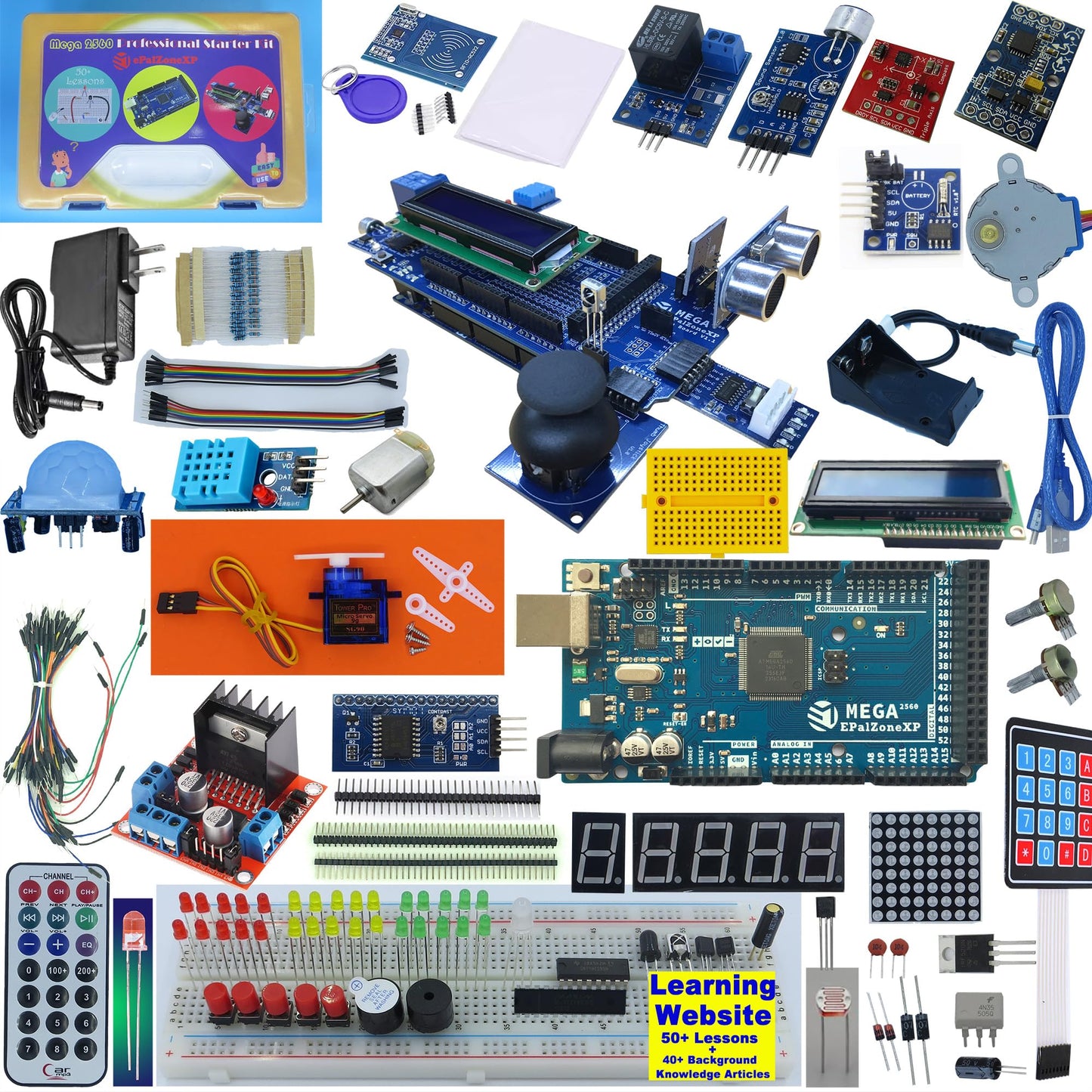 ePalZoneXP Mega 2560 Starter Kit, Compatible with Arduino, Electronics Learning Kit, the Most Detailed Explained 50+ Lessons, Plus 40+ Background Knowledge Articles (Professional Kit)