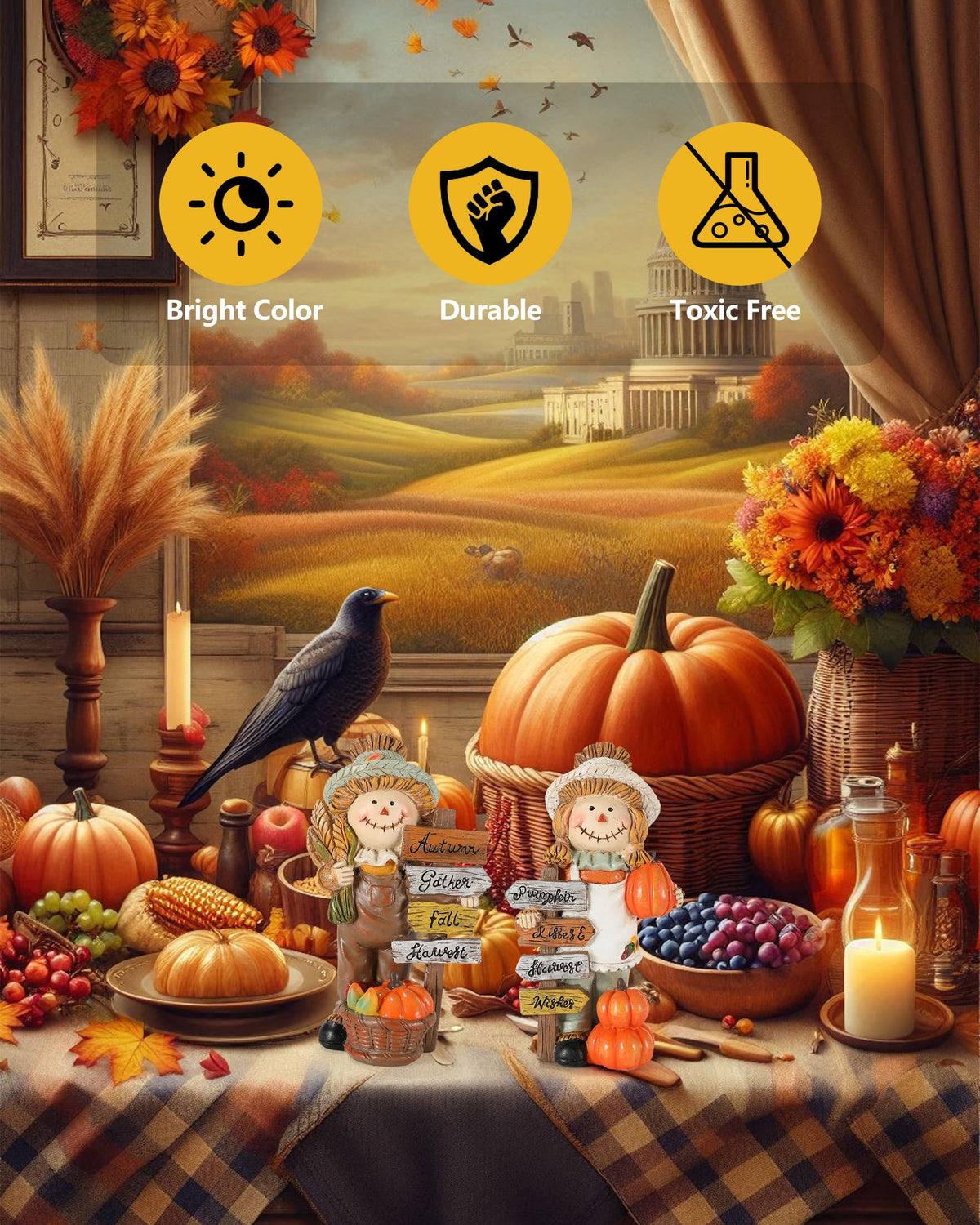 GoGnome 2-Pack Thanksgiving Scarecrow Figurines with Inspirational Autumn Plaques - Durable Resin 5.5'' Thanksgiving Table Decor - Fall Decorations Indoor Outdoor Harvest Gifts (Scarecrows)