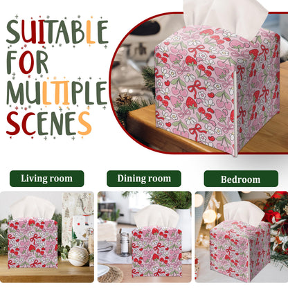 Modern Square Leather Tissue Box Cover/Case Holder Gifts for Women Family and Friends, Decorative Holder/Organizer for Bathroom Kitchen Nightstand Office Home (Red Bow Strawberry)