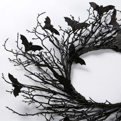 Sggvecsy 17.7"Artificial Black Twig Wreath with Glitter Bats - Handmade Sparkling Hanging Decorations for Front Door, Indoor/Outdoor Halloween Party