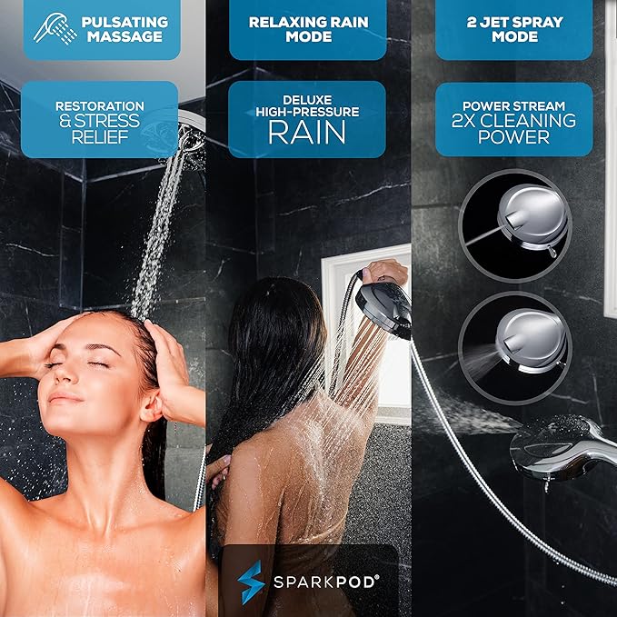 SparkPod Filtered 10-Mode Handheld Shower Head, 5" Polished Chrome Finish | Filters Chlorine & Heavy Metals, Power Jet Spray, ABS Body Won't Rust, 6 ft. Stainless Hose
