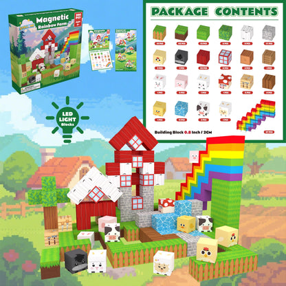 STELLUNE 200PCS Magnetic Blocks with 3 Light Up Pieces, Rainbow Farm Pals Magnetic Building Cubes, STEM Educational Toys for Kids Ages 3+, Ideal Gift for Boys Girls
