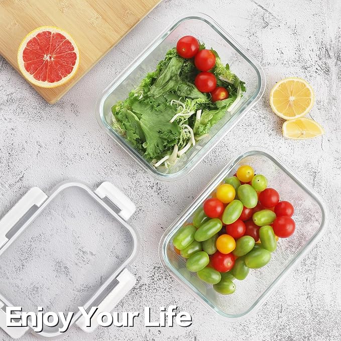 10 Pack Borosilicate Glass Meal Prep Containers with Locking Lids, Glass Food Storage Containers Set, Airtight Lunch Bento Boxes, BPA-Free & Leak Proof, 36oz & 14oz, Freezer, Oven Safe-White