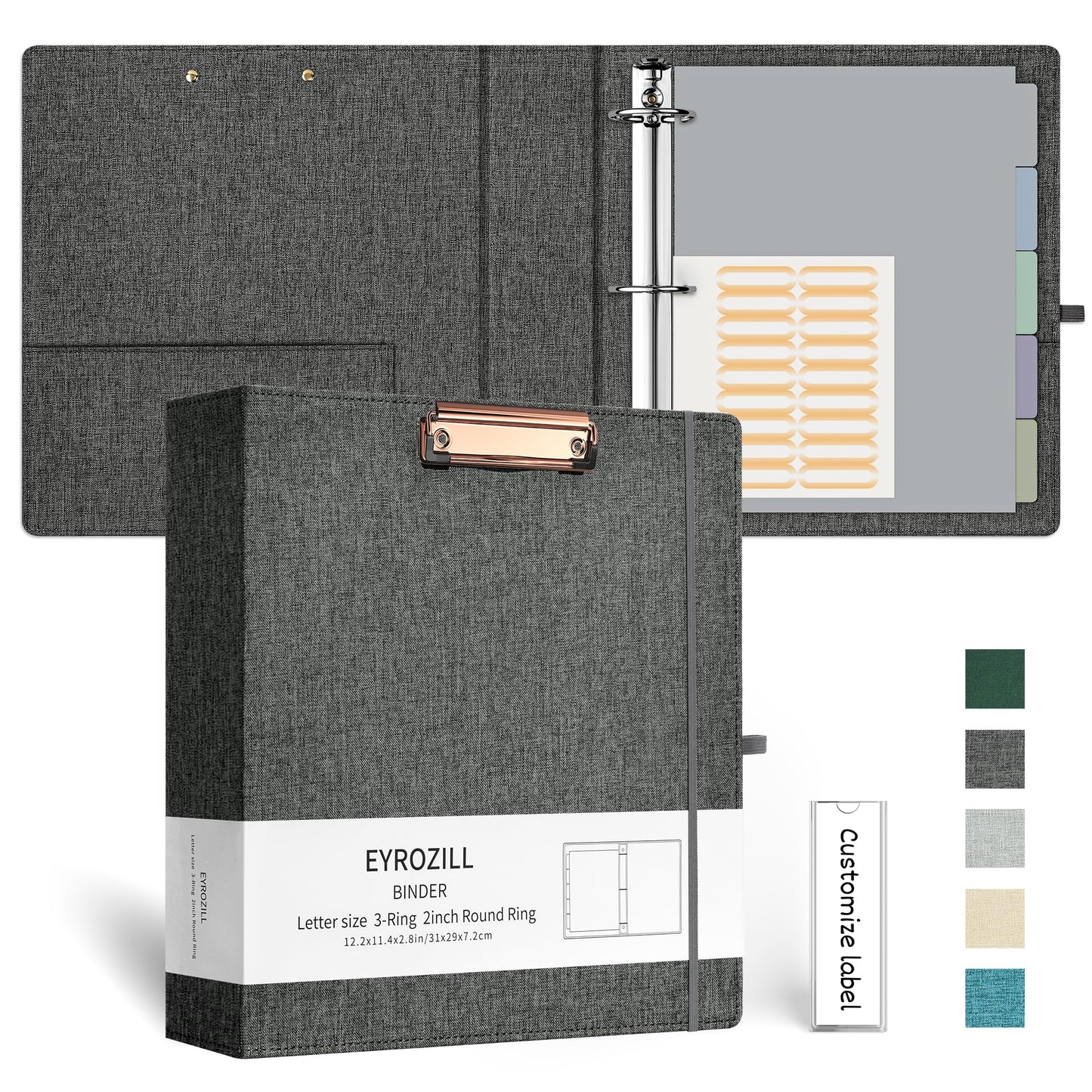 EYROZILL 3 Ring Binder 2 Inch, Binder for Letter Size (11" x 8.5") with 5 Tab Dividers, File Folder Labels and Low Profile Clipboards, Darkgrey