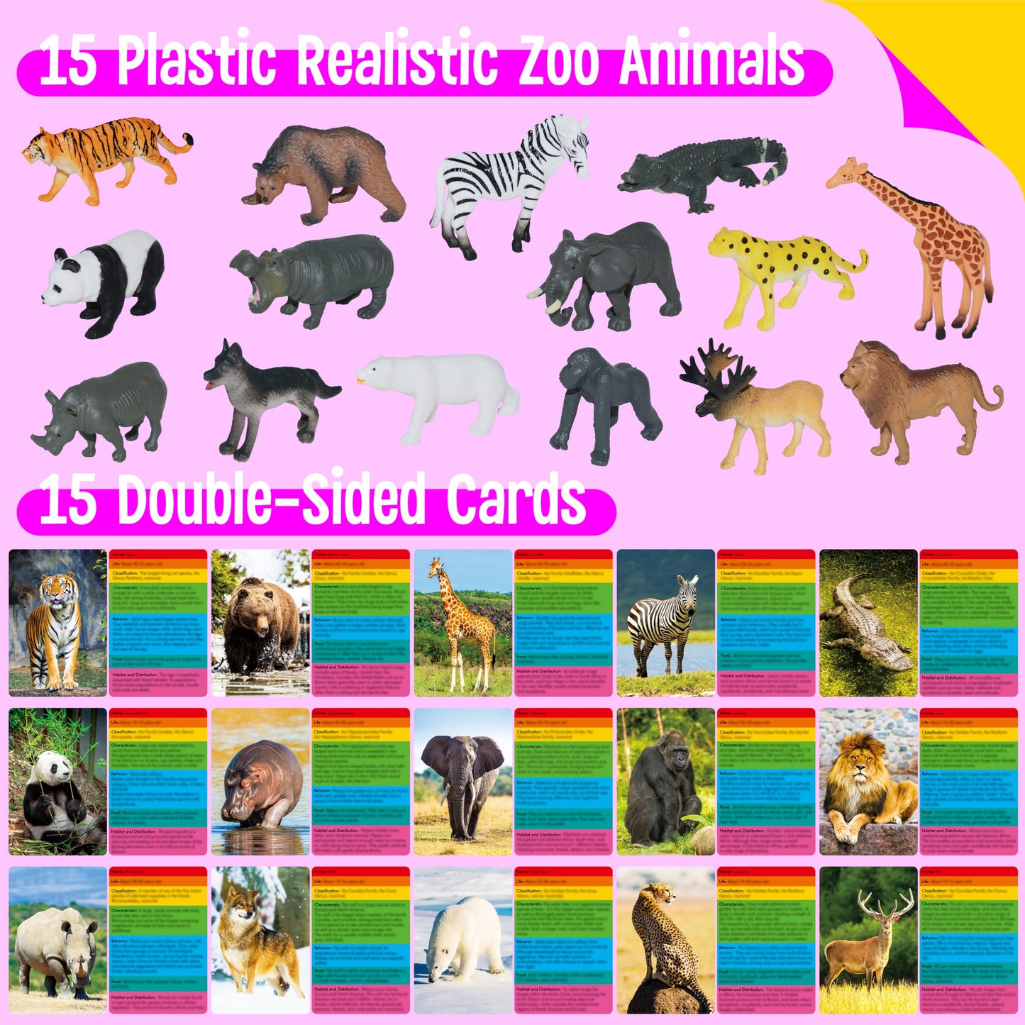 15 PCS Safari Animal Figurines with 15 Introducing Flashcards, Realistic Zoo Animal Figures Montessori Toys Science Educational Matching Game for Homeschool Preschool Toddler Kids