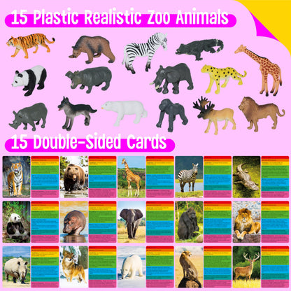 15 PCS Safari Animal Figurines with 15 Introducing Flashcards, Realistic Zoo Animal Figures Montessori Toys Science Educational Matching Game for Homeschool Preschool Toddler Kids