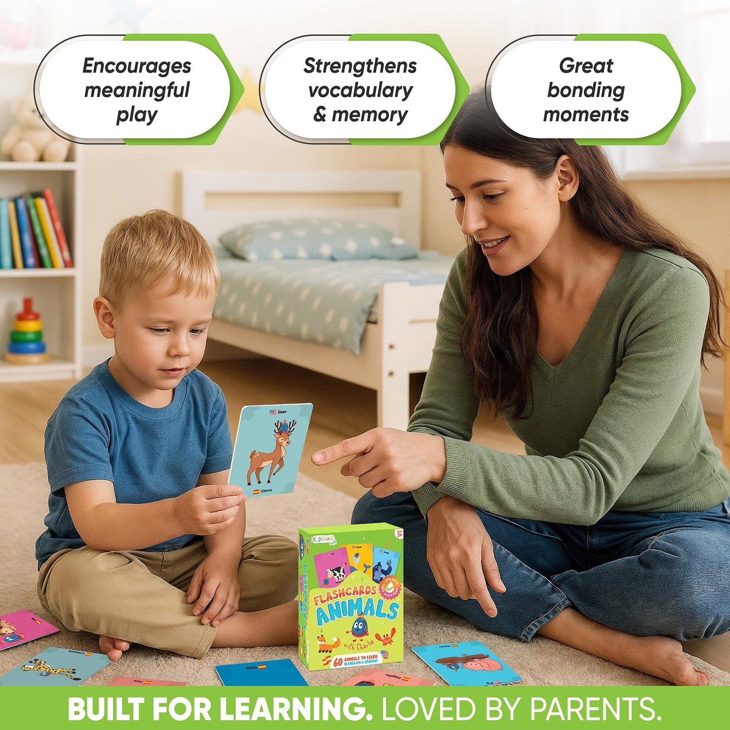 Kidrox Animals Flash Cards, English Learning Cards with Spanish Translations Included, Indestructible Double-Sided, 30 Cards