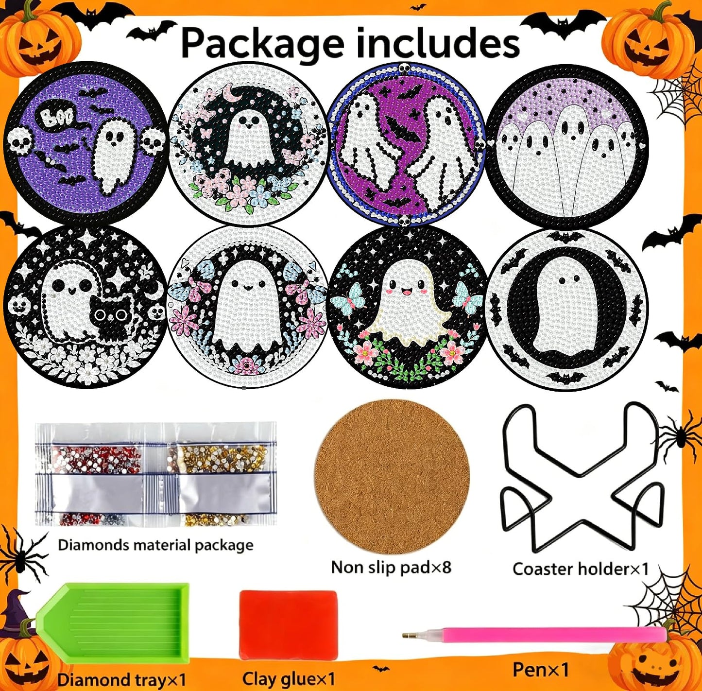 KYOQFVN 8 PCS Halloween Diamond Art Coasters, Ghost Diamond Painting Coasters with Holder Cork Pad, Diamond Dots Art Painting Coasters Crafts Kit for Home Wall Decor (Ghost Theme)