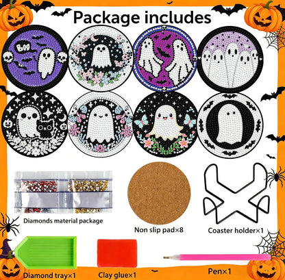 KYOQFVN 8 PCS Halloween Diamond Art Coasters, Ghost Diamond Painting Coasters with Holder Cork Pad, Diamond Dots Art Painting Coasters Crafts Kit for Home Wall Decor (Ghost Theme)